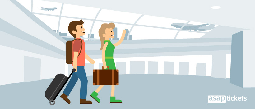 Book multi-city flights - Flat design, couple at the airport - ASAPtickets Blog | Travel Guide