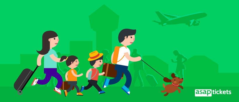 Book multi-city flights - Flat design, family in a rush at the airport - ASAPtickets Blog | Travel Guide