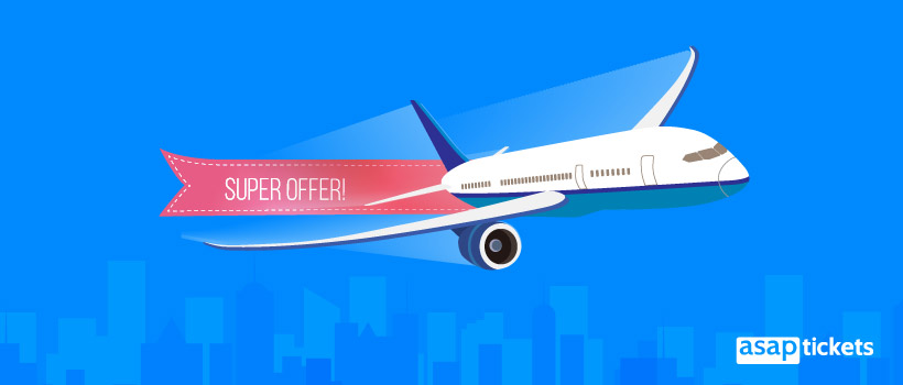 Airplane with a "Flight super offer" banner in flat design - ASAPtickets