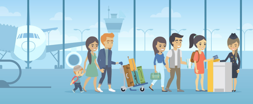 Happy family at the airport, standing in the TSA preckeck lane -in flat design - ASAPtickets travel guide