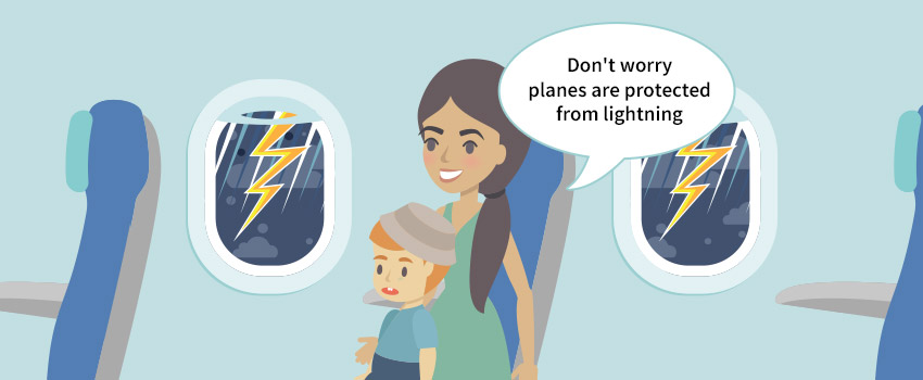 Mother with a kid on a plane with a storm outside created in flat design - ASAPtickets travel blog