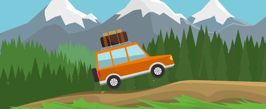 Old school car on a bumpy road near mountains created in flat design - ASAPtickets travel blog