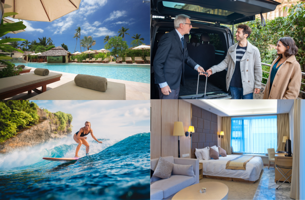 Collage containing hotel rooms, surfing, and airport transfer